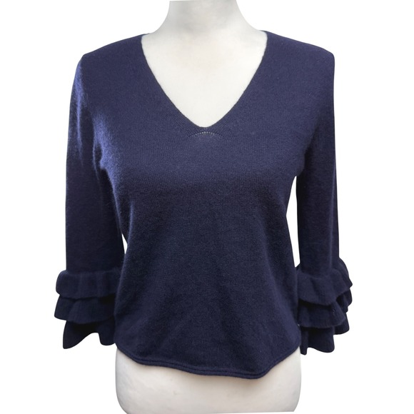 Margaret O'Leary Sweaters - Margaret O'Leary Navy Blue 100% Cashmere Sweater XS V Neck Ruffle Sleeve Sweater